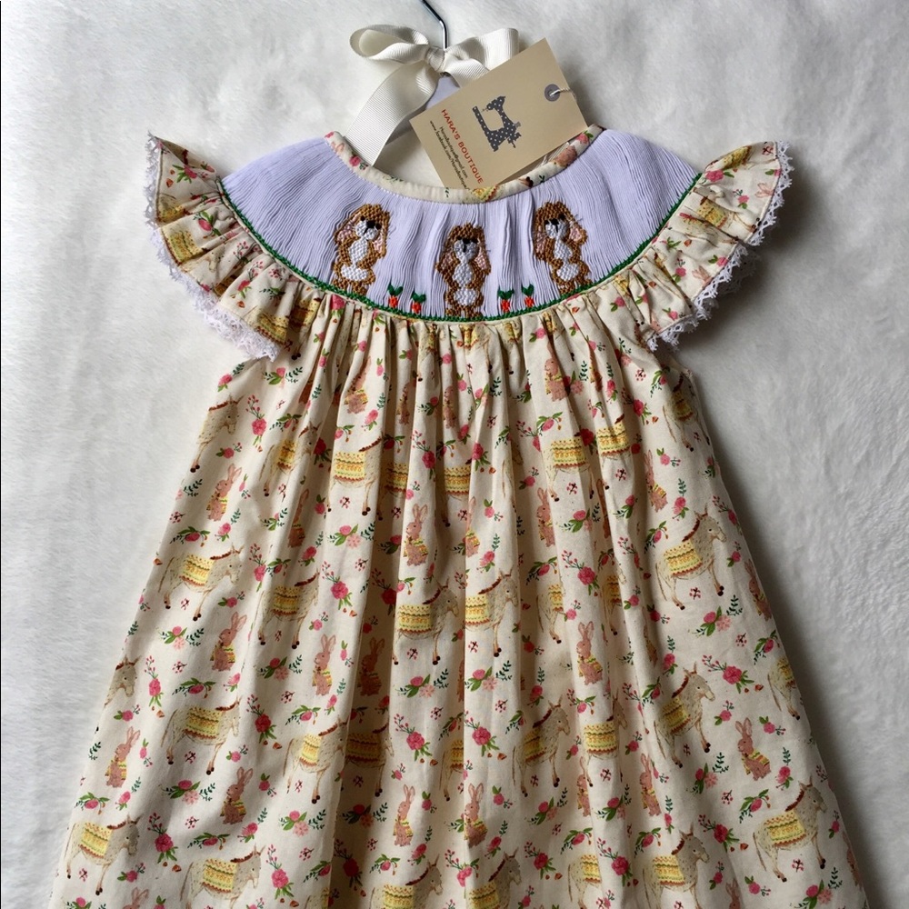 SOLD Unique bunny and carrot smocked dress